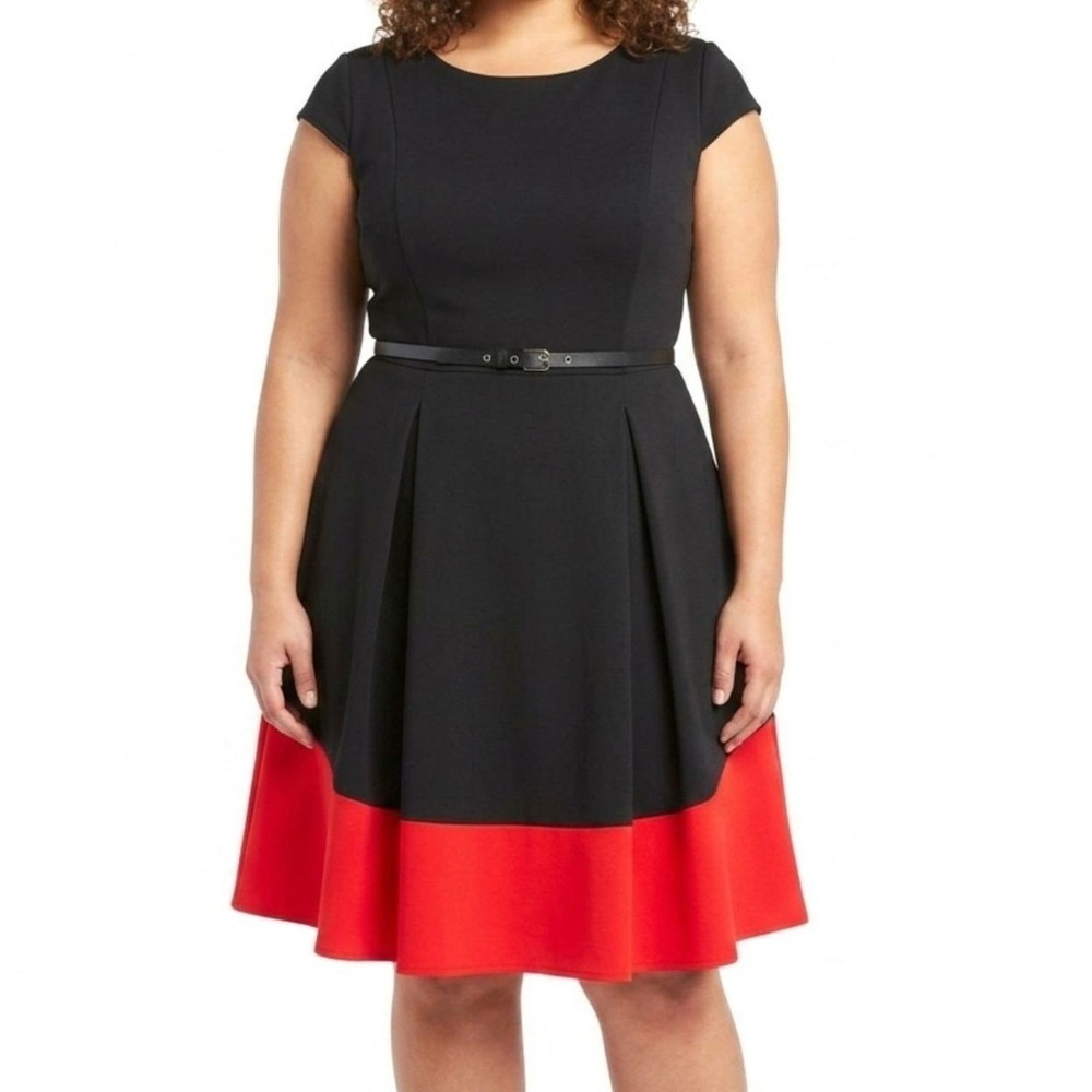 Calvin Klein Fit & Flare Dress Womens 14 Black Red‎ Colorblock Belted Cap Sleeve